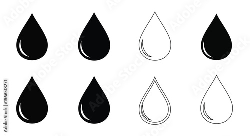 Black and white water droplets in various shapes and arrangements