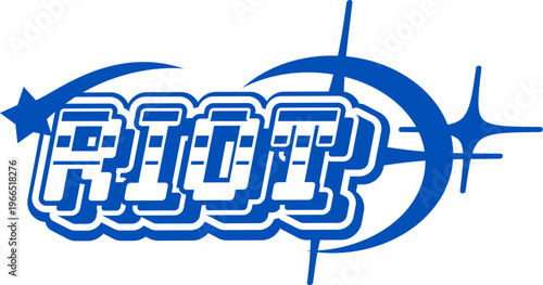 Blue Y2K streetwear riot icon or emblem. Brand futuristic Y2K emblem, apparel graphic vintage isolated vector label element. Clothing typography funky icon or streetwear text retro print
