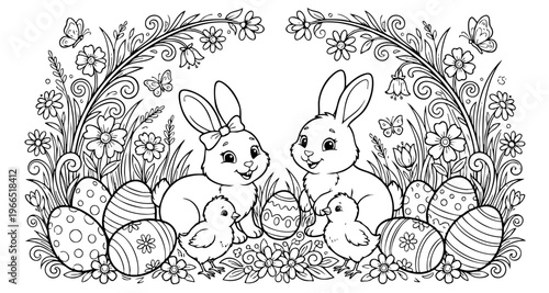 bunny painting easter egg and some flowers, coloring page ready to print on standard 8.5x11 inch paper. eps file.