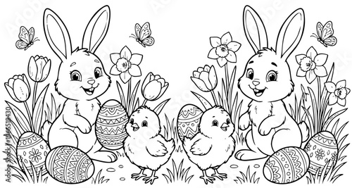 bunny painting easter egg and some flowers, coloring page ready to print on standard 8.5x11 inch paper. eps file.