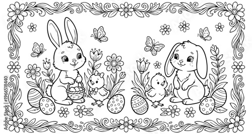 bunny painting easter egg and some flowers, coloring page ready to print on standard 8.5x11 inch paper. eps file.