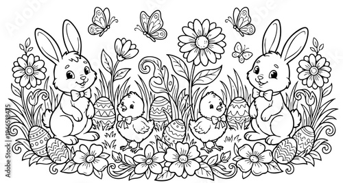 bunny painting easter egg and some flowers, coloring page ready to print on standard 8.5x11 inch paper. eps file.