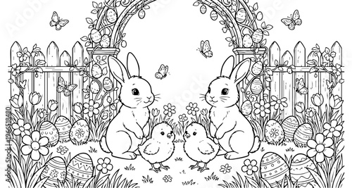 bunny painting easter egg and some flowers, coloring page ready to print on standard 8.5x11 inch paper. eps file.