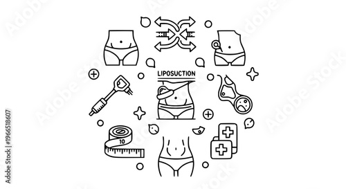 Modern liposuction outline icons collection with body contouring, waist shaping, and cosmetic surgery symbols