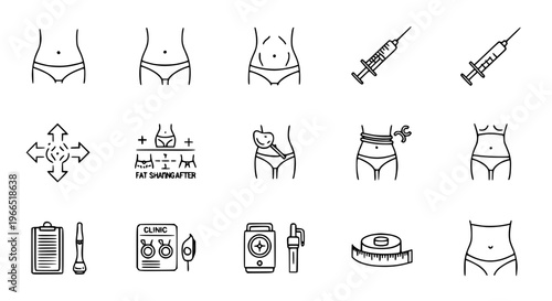 Minimal liposuction outline icon set with women waist, belly contour, and cosmetic procedure symbols