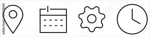 Time, date and address icon. Clock, calendar and location elements for scheduling vector illustration. Useful date and address details for navigation symbol. Clean minimal layout for interface sign. 