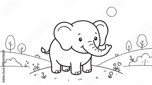 Sweet baby elephant line art for coloring books, featuring a happy cartoon animal in a simple landscape with trees, ideal outline illustration for children's creative activities