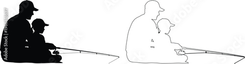 Father and child fishing together by the water side