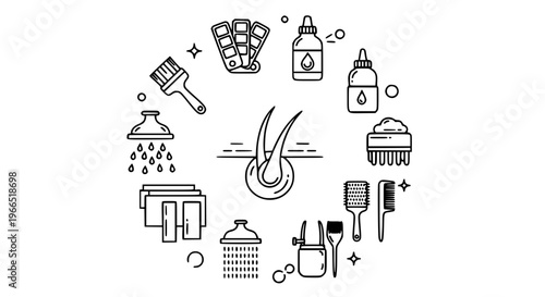 Modern hair colouring outline icons collection with salon hair dye, highlights, and styling illustrations