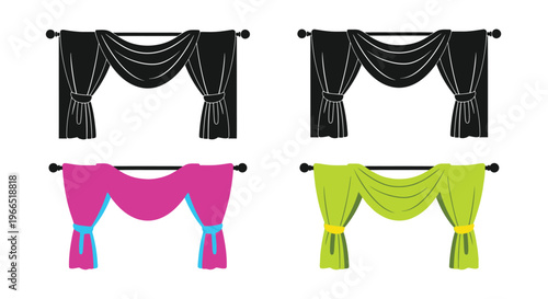 Stylized curtains in black pink and green arranged in a grid pattern