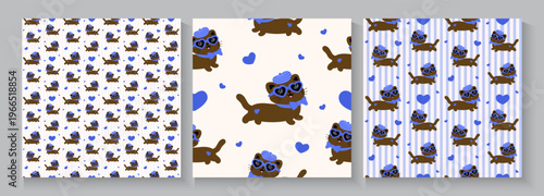 Set of Cute retro doodle cats. Funny abstract cat or kitten characters different poses, Seamless Pattern with Cute Cartoon Cat Design on White Background