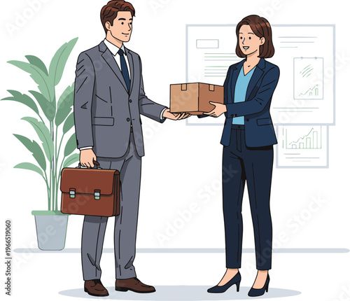Professional colleagues exchanging documents in an office setting Vector