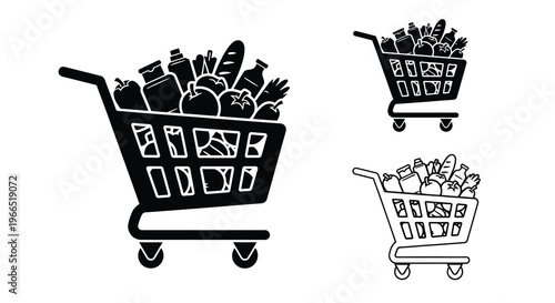 Black and white illustration of a fully stocked shopping cart and smaller basket