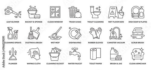 Cleaning equipment set icon for housekeeping maintenance and hygiene tasks