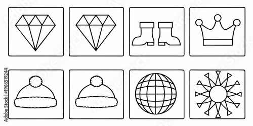 Line art illustrations of diamonds boots crowns hats and globes