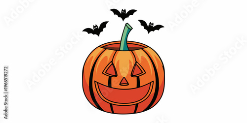 A cartoon jack o lantern with a smiling face and flying bats above