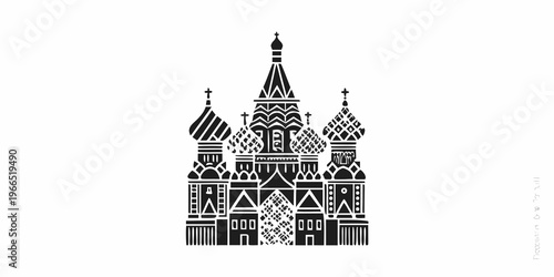 Stylized black and white illustration of saint basil s cathedral