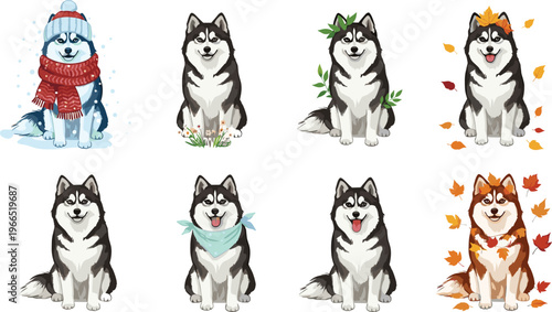 Siberian Husky Vector Set with Seasonal Themes Featuring Winter, Spring, Summer, and Autumn Huskies in Sitting Poses for Cartoon, Pet, and Animal Illustrations