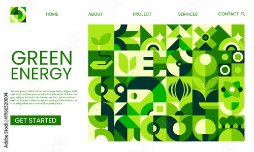 Green energy technology landing page template. Green energy company vector landing page, renewable power plant webpage. Clean environment and ecology website with Bauhaus green geometric shapes