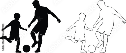 Two Silhouette Versions Of Soccer Player Teaching Child To Kick Ball