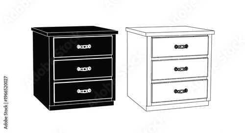 Black and white line drawing of two three drawer nightstands