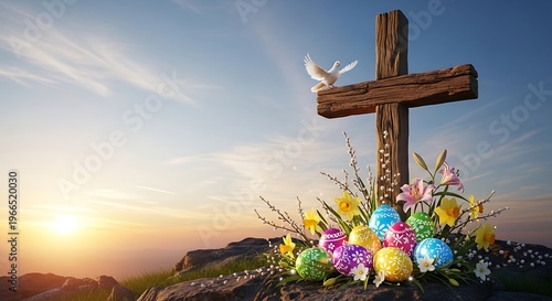 Easter Cross with Dove and Flowers at Sunrise.