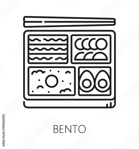 Japan bento box, Asian travel line icon or pictogram. Asia vacation trip icon, Asian country culture and cuisine tour outline vector pictogram. Japan travel sign with bento lunch box and chopsticks