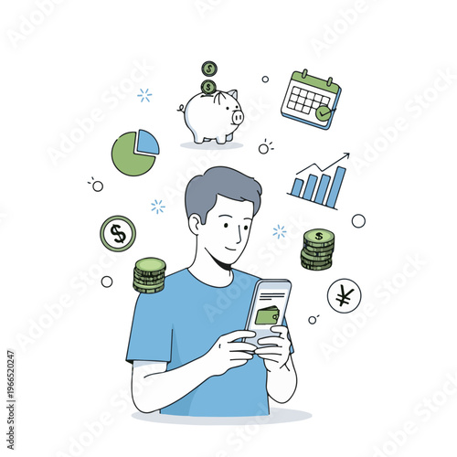 A person exploring various financial and planning tools on a mobile device. Vector
