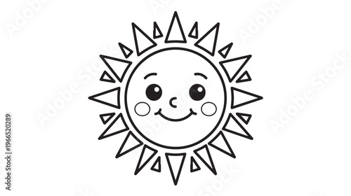A cheerful sun with a smiling face and sharp rays, rendered in a simple black and white outline style perfect for coloring pages or educational materials