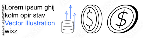 Finance, investment strategies, economic growth, savings, business analysis, profitability. Dollar coins next to stacked arrows. Finance and investment strategies illustrated