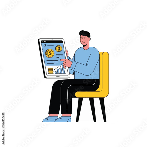 Person using a tablet to browse a mobile banking app with various icons displayed. Vector