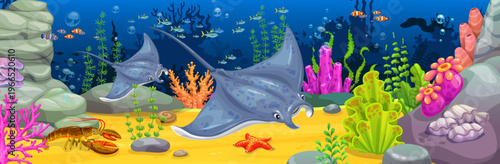 Cartoon stingray animals, seaweeds and coral reefs. Vector underwater scene with stingrays swimming among coral reef, rocks and marine animals. Ocean background with tropical fish, starfish and seabed