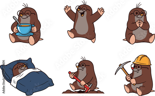 Cute Cartoon Mole Vector Set with Moles Drinking Tea, Cheering, Praying, Sleeping, Digging, and Mining for Kids, Animal, and Educational Illustrations