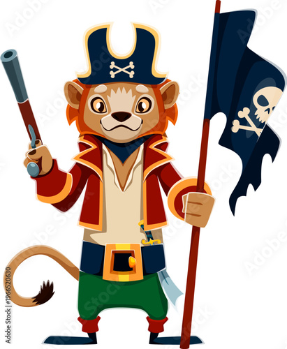 Cartoon brave animal lion pirate vector character. Lion standing tall with rifle and pirate flag, dressed in corsair coat and trousers. Cute animal pirate for kids birthday party