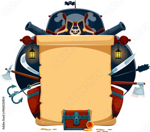 Pirate banner with sail ship, cannon weapons and old scroll with treasure chest, cartoon vector. Pirate banner of corsair sailboat with Jolly Roger skull crossbones, grappling hook and saber swords