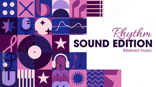 Sound edition and records studio banner with geometric music pattern. Flat vinyl record, microphone, headphones, and music notes in purple and pink grid layout. Vector pattern for concert poster