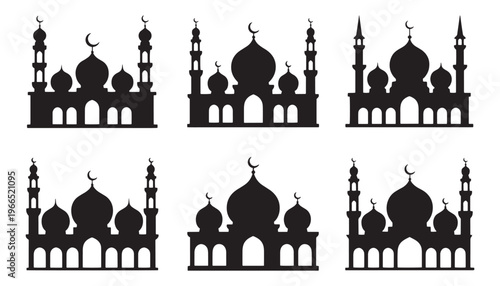 Set of six unique black mosque silhouettes showcasing diverse architectural styles with domes and minarets, perfect for Islamic design and cultural representation.