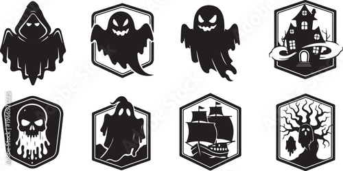 Halloween icons set with ghost, bat, and spooky symbols