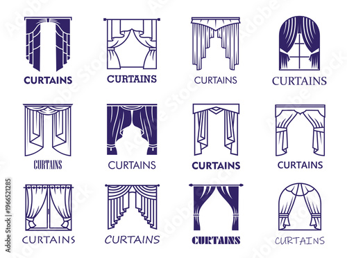 Theater curtain icons with vector line opera theatre stage fabric draping and home window blinds. House interior decor element isolated outline symbols set of blue curtains or portieres with drapes