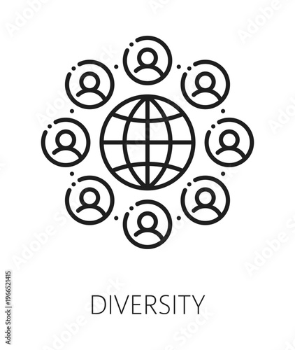 Diversity ESG line icon or pictogram. Company social integrity thin line vector icon, business ESG outline symbol. Ecological governance line art pictogram with planet globe and people avatars