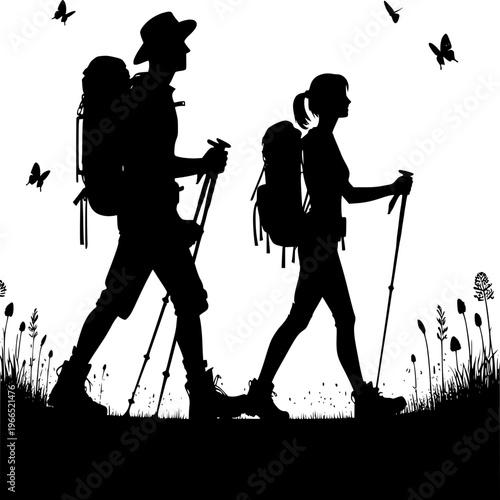 A black vector illustration of a couple hiking silhouette against a sunset mountain landscape with equipment.