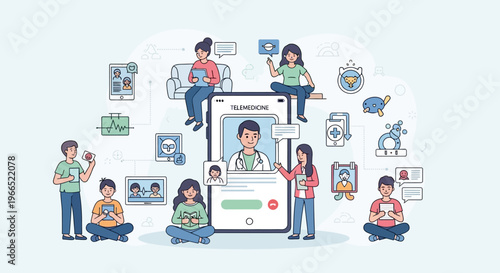 Diverse group of people using smartphones and tablets for telemedicine consultations, surrounded by medical icons and digital interfaces, illustrating remote healthcare access.