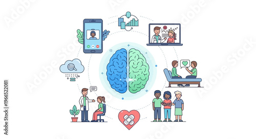 Illustration depicting mental health services, including teletherapy, in-person consultations, and community support, centered around a stylized brain.