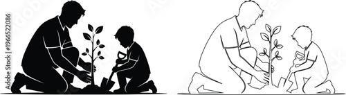 Family planting young tree saplings together in garden soil