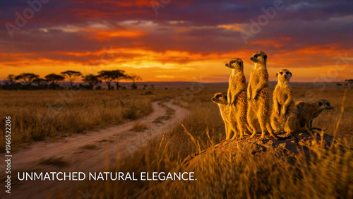 A captivating family of five meerkats, renowned for their distinctive upright posture and keen observational skills, stands collectively on a prominent raised mound, diligently surveying the