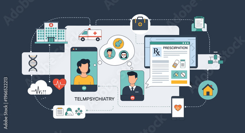 Telepsychiatry concept illustrating remote mental health consultations, digital prescriptions, and patient care integration via technology.