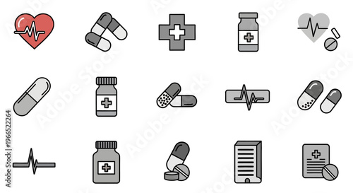 A collection of medical icons featuring heartbeats, pills, capsules, medicine bottles, and medical documents.