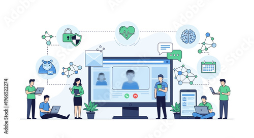 Digital collaboration and online communication facilitated by technology, featuring video conferencing and interconnected digital services.