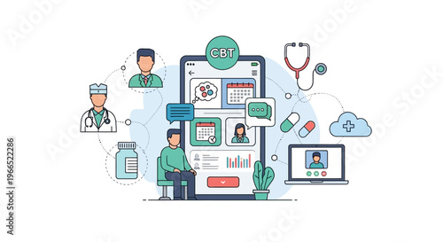 Illustration of a patient interacting with a digital healthcare application on a smartphone, surrounded by medical icons and professionals.