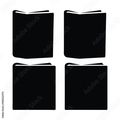 Four black stylized books standing upright on a white background plain